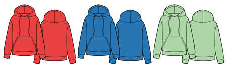 Set of hoodies with kangaroo pocket on front. Red, green, blue colors.のイラスト素材