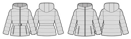 Two womans down jackets. Fitted silhouette with and without beltのイラスト素材
