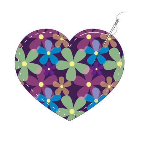 Vector flat heart with flower print and stitchesのイラスト素材