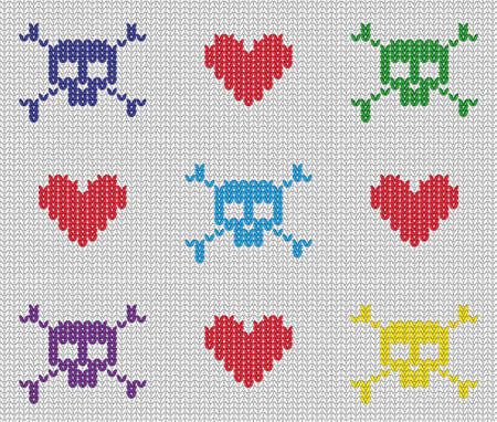 Seamless knitting pattern with repeat skulls and heartsのイラスト素材