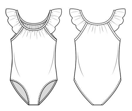 Fashion sketch of one piece swimmingsuit for children, with a ruffles on shouldersのイラスト素材