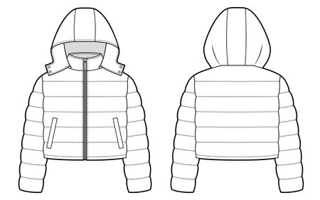 Puffer hooded jacket fashion sketch. Cropped fitのイラスト素材