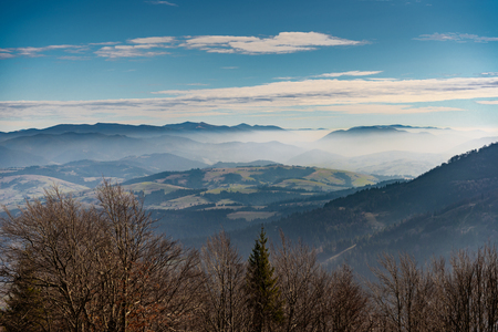 Autumn mountains in cloudly day. Beautiful landscape in the Carpathians, Ukraine, Europe.の写真素材