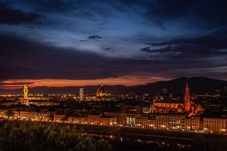 Beautiful night view of Florence, Santa Maria Novella and Florence Duomo, Florence Palazzo Vecchio, Italy.の写真素材