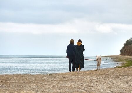 Couple with a dog by the seaの写真素材