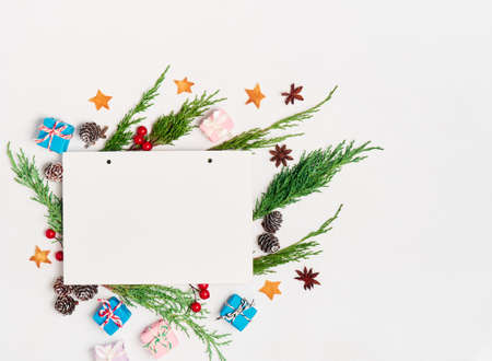 Paper blank mock up, gift boxes, decorations, isolated on white.の写真素材