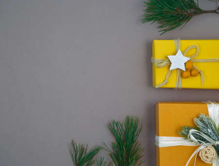 Handmade christmas gift boxes. Top view.
