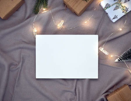 Paper blank mock up, gift boxes, decorations, isolated on white.の写真素材