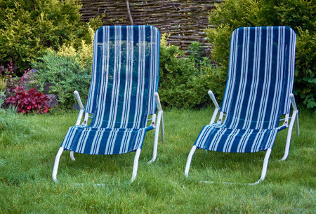 Part of the garden backyard area with green lawn and striped sun loungers for relaxation