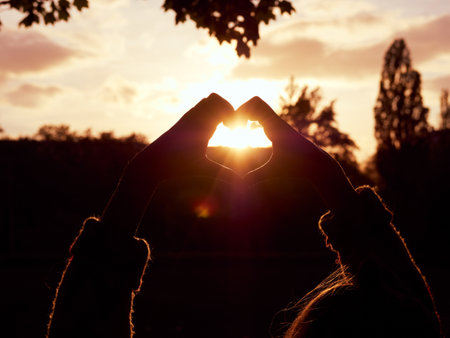 Female hands heart shape on the sunset background.の写真素材