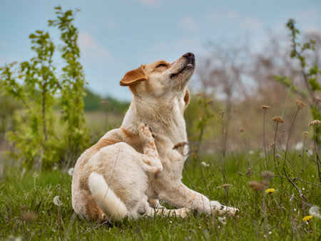 Village dog on the field.の写真素材