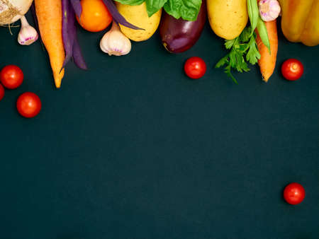 Frame of various vegetables on dark background, top view.の写真素材