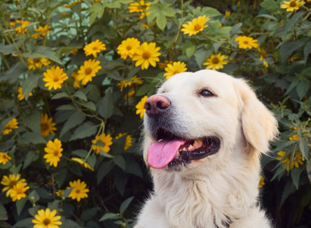 Cute retriever on the nature background.の写真素材