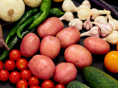 Flat lay composition with fresh vegetables.