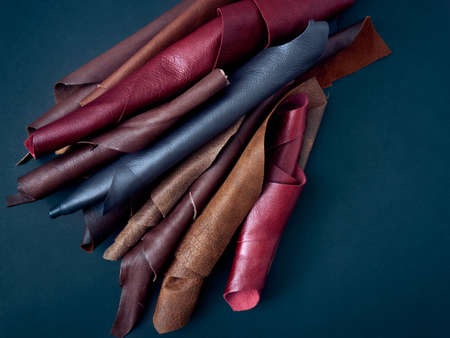 Swatch of leather textile in various colors on dark backgroundの写真素材