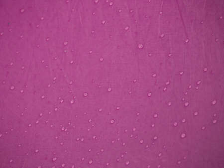 Water drops on waterproof membrane fabric. Detail view of texture of pink synthetic waterproof cloth. Morning dew on tent.の写真素材