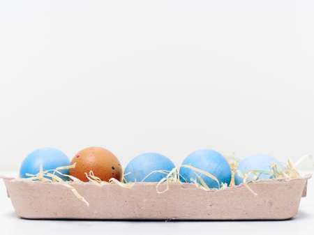 Easter eggs in a carton box on a white background.