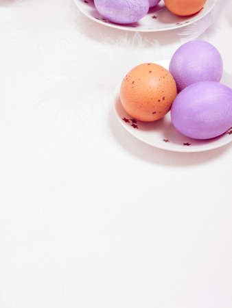 Colored eggs on plate with on white background. Copy space. Easter concept.の写真素材