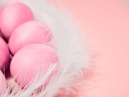 Easter eggs and feathers on pink background. Happy Easter concept.の写真素材