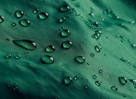 Water drops on waterproof membrane fabric. Detail view of texture of green waterproof cloth.の写真素材