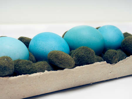 Easter eggs in a carton box on a white background.の写真素材
