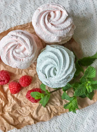 Homemade marshmallows with summer fruits.の写真素材