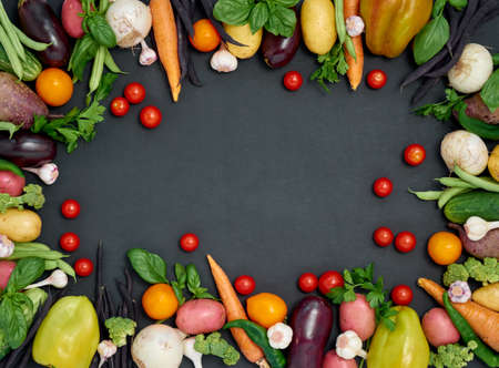 Frame of various vegetables on dark background, top view.の写真素材