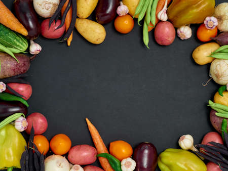 Frame of various vegetables on dark background, top view.の写真素材