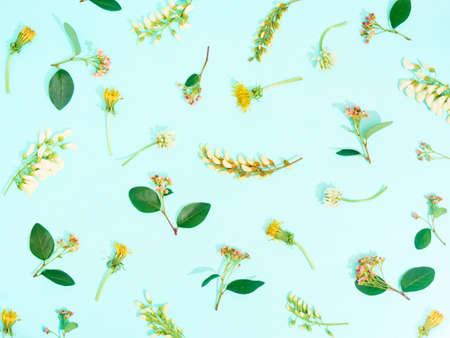 Summer flowers pattern on a blue background. Top view, flat lay.の写真素材