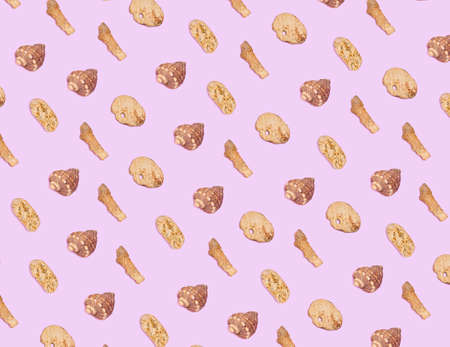 Sea shells pattern on pink background. Flat lay, top view.