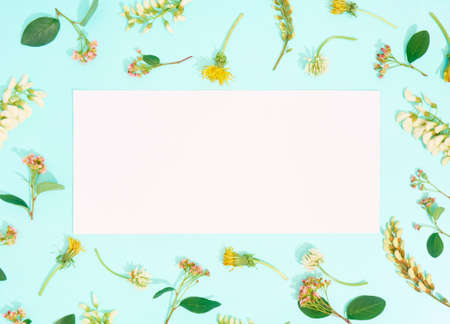 Blank paper with flowers on blue background. Flat lay, copy space, top view.の写真素材