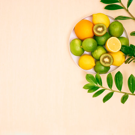 Composition with citrus fruits on blue background, top view.の写真素材