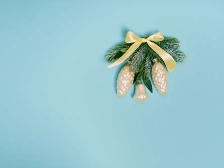 Christmas background. Top view of Christmas decorations. Flat lay of creative design on blue background. Copy space for text.の写真素材
