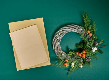 Christmas background. Top view of Christmas decorations. Flat lay of creative design on green background. Copy space for text.の写真素材