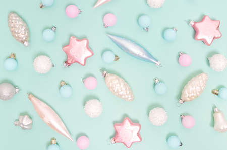 Christmas pattern. New Year decorations on blue background. Christmas decorations. Flat lay, top view.の写真素材