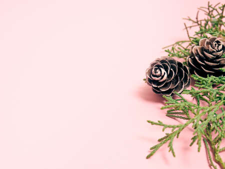 Top view of Christmas composition on pastel pink background. Holiday greeting card with copy space to text.の写真素材