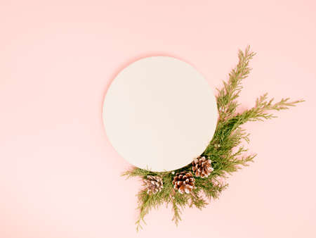 Top view of Christmas composition on pastel pink background. Holiday greeting card with copy space to text.の写真素材