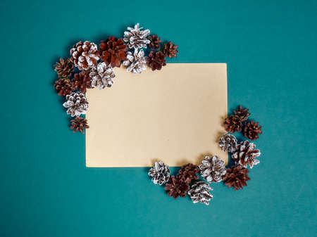 Christmas background. Top view of Christmas decorations. Flat lay of creative design on blue background. Copy space for text.の写真素材