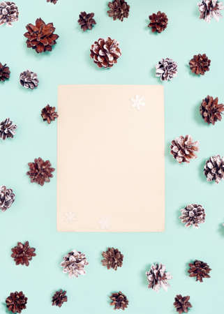 Christmas background. Top view of Christmas decorations. Flat lay of creative design on blue background. Copy space for text.の写真素材