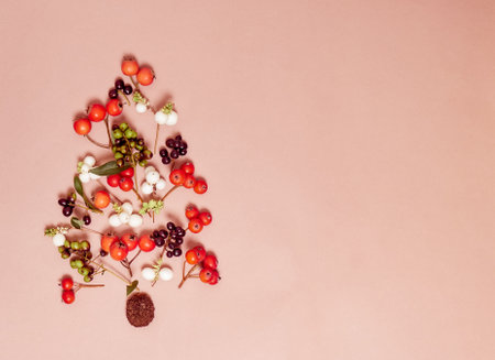 Christmas composition. Fir tree branches, christmas decorations. Christmas, winter, new year concept. Flat lay, top view, copy space.の写真素材