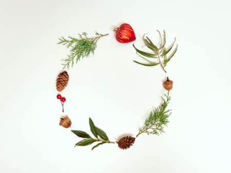 Christmas background. Top view of Christmas decorations. Flat lay of creative design on white background. Copy space for text.の写真素材