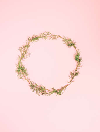 Top view of Christmas composition on pastel pink background. Holiday greeting card with copy space to text.の写真素材