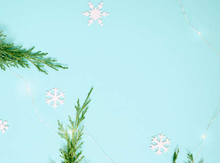 Christmas background. Top view of Christmas decorations. Flat lay of creative design on blue background. Copy space for text.の写真素材
