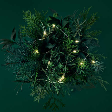 Top view of Christmas composition on white background. Holiday greeting card.の写真素材
