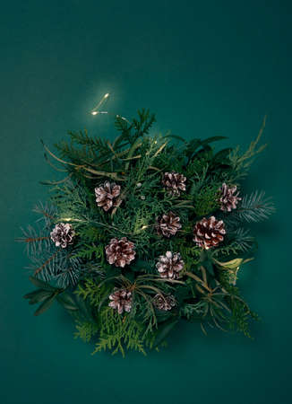 Top view of Christmas composition on white background. Holiday greeting card.の写真素材