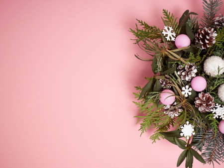 Top view of Christmas composition on white background. Holiday greeting card.の写真素材
