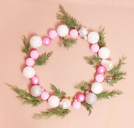 Christmas composition. Fir tree branches, christmas decorations. Christmas, winter, new year concept. Flat lay, top view.の写真素材