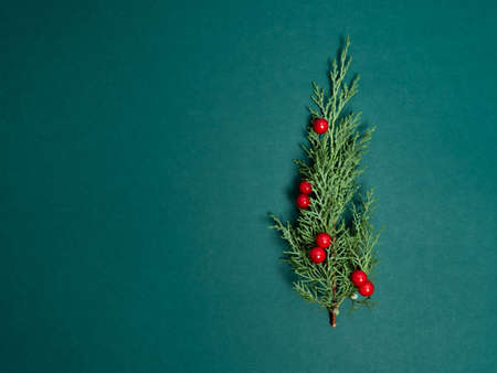 Christmas background. Top view of Christmas decorations. Flat lay of creative design on green background. Copy space for text.の写真素材