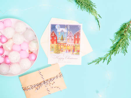 Christmas background. Top view of Christmas decorations. Flat lay of creative design on blue background.の写真素材