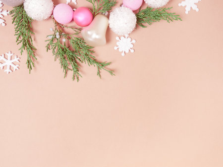 Christmas composition. Fir tree branches, christmas decorations. Christmas, winter, new year concept. Flat lay, top view, copy space.の写真素材